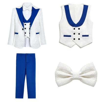 2026 Boys' White Tuxedo 3 Piece Blue Shawl Collar White Bow tie Vest & Slim Fit Formal Flower Boy Suits for Birthday