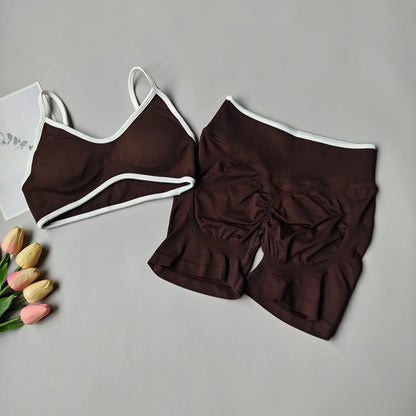 Peach Buttock Yoga Suit Women Gym Seamless Suspender Gathering Bra High Waist Hip Lifting Belly Tightening Shorts Fitness Set