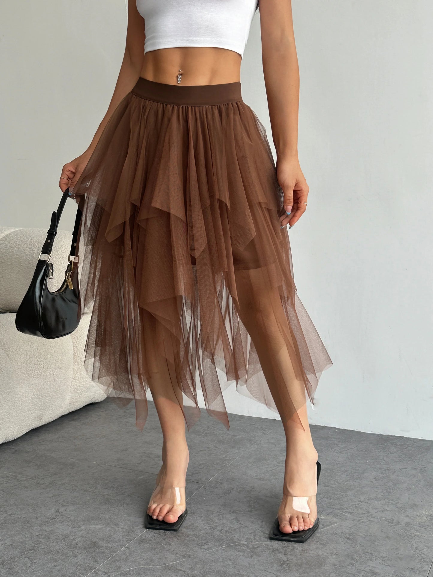 Ladies' high waisted elastic waist layered chiffon midi skirt with irregular asymmetric hem party casual mesh fairy ballet skirt