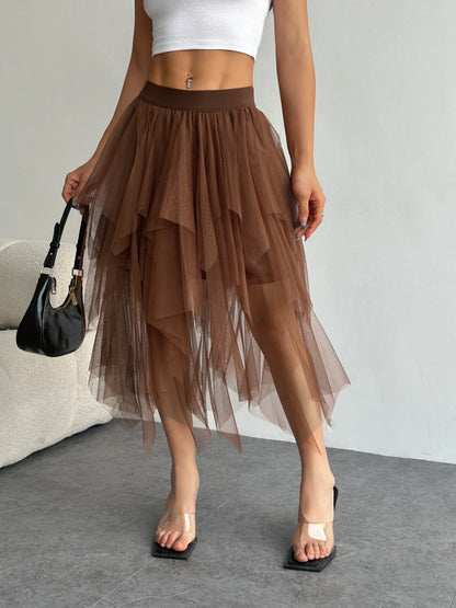 Ladies' high waisted elastic waist layered chiffon midi skirt with irregular asymmetric hem party casual mesh fairy ballet skirt