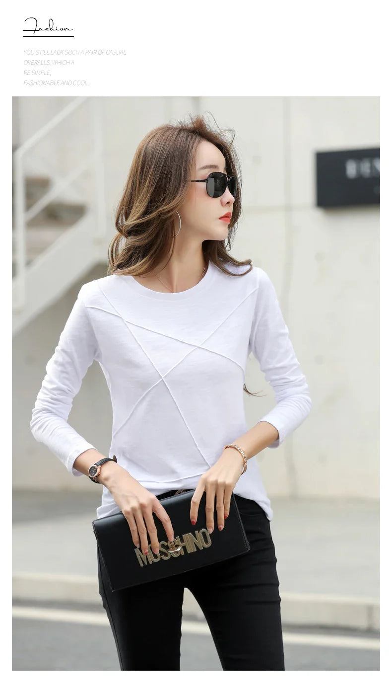 2026 Spring Long Sleeve Women O-Neck Bamboo Cotton T-Shirt Elegant Loose Ribbed Fashion Tee Shirt Ladies Simple Tops