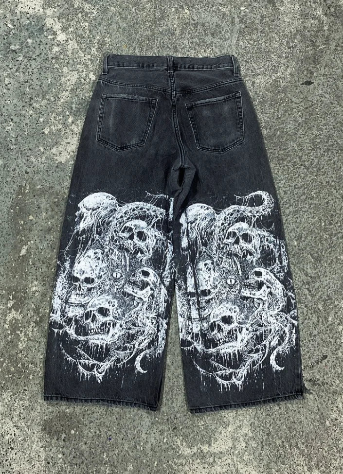 High Street Cool Personality American Style Denim Trousers Niche Fashion Baggy Washed Distressed Wide-leg Straight Jeans