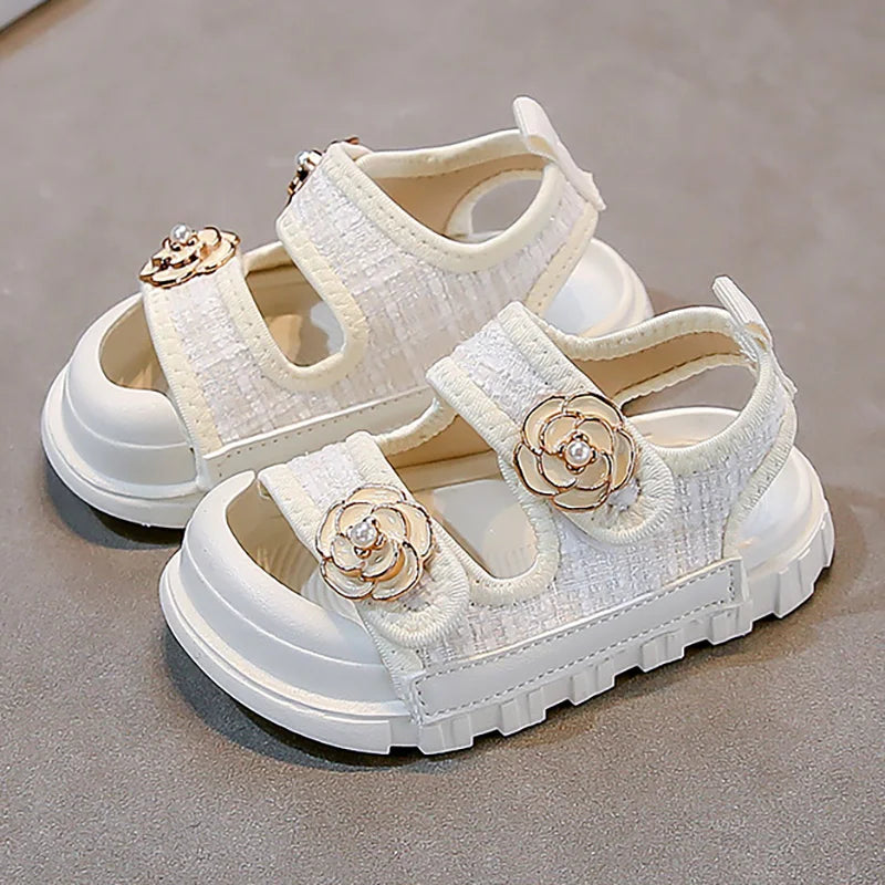 Korean Style Summer Sandals For Girls Luxury Pearl Flower Children's Beach Shoes Ergonomics Soft-soled Kid's Girl's Sandals