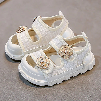 Korean Style Summer Sandals For Girls Luxury Pearl Flower Children's Beach Shoes Ergonomics Soft-soled Kid's Girl's Sandals