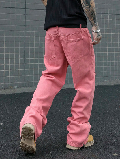 Men's Pink Patchwork Flared Jeans, Street Trend, Suitable for All Seasons