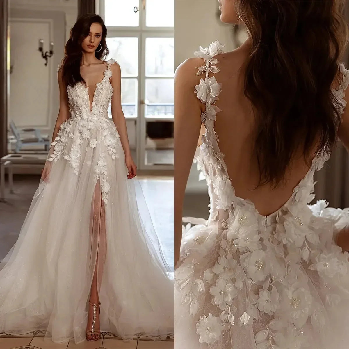 Customized Elegant And Minimalist A-Line Sheer 3D Floral Women's White Wedding Dress With V-Neck Slit Backless Sexy Bridal Gown