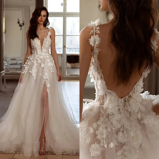 Customized Elegant And Minimalist A-Line Sheer 3D Floral Women's White Wedding Dress With V-Neck Slit Backless Sexy Bridal Gown