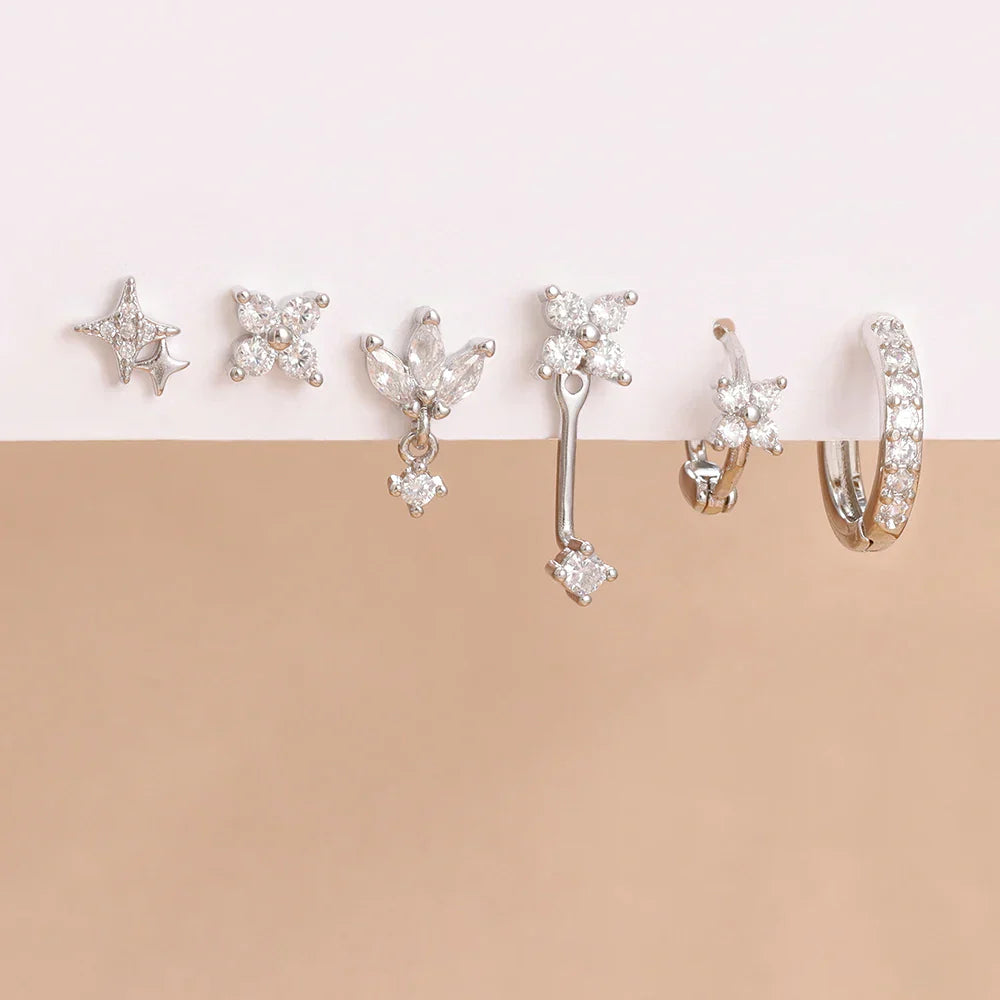 6PCS Fashion Cute Zircon Flower Ear Stud For Women Fashion 18K Gold Plated Star Ear Stud Earring Piercing Girl Set Jewelry Gift