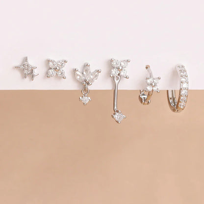 6PCS Fashion Cute Zircon Flower Ear Stud For Women Fashion 18K Gold Plated Star Ear Stud Earring Piercing Girl Set Jewelry Gift