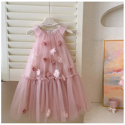 Girls' Sleeveless Floral Mesh Dress - Princess Party Gown for Toddlers 2-8 Years, Breathable Wedding & Special Occasion Dress