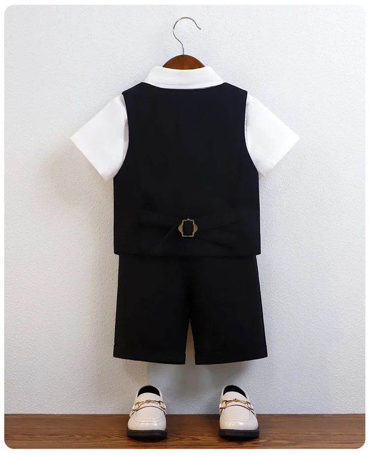 Children Boy Summer Cool Green Suit Kids Boys Vest Shirt Shorts Bowtie Ceremony Costume Formal Boys Breathable Slim Wedding Suit