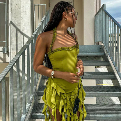 Elegant Halter Solid Ruffles Backless Taseel Sexy Slim Mini Dress Spring Women Cute Outfits Birthday Party Vacation