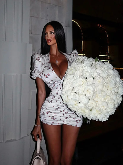 Puff Short Sleeve V Neck Prints Hip Wrap Women Dresses Sexy Club Sheath Fashion Female Bodycon Vestidos Robes Chic Slim