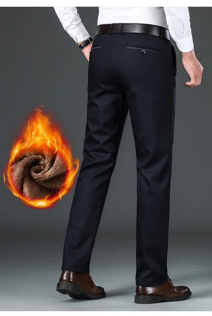 Winter New Flannel Thick Men's Casual Pants Fleece Navy Black Business Straight Slim Stretch Warm Plush Trousers Male