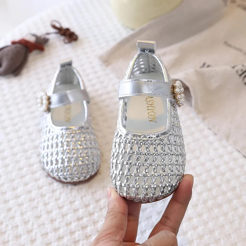 Spring Girl's Sandals Braided Pearl Hook-loop Chic Kid's Flat Shoe Solid Colors Anti-slip Casual Versatile Children Shoes 4-6Y