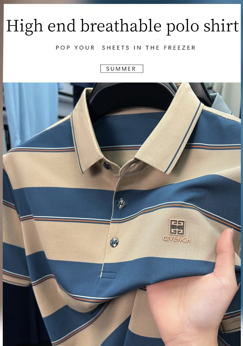 Light luxury striped color blocked short sleeve polo shirt brand symbol emboss high-end casual summer silky smooth men's T-shirt