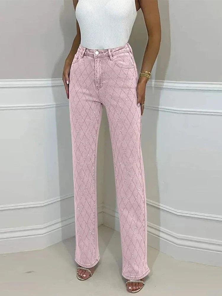 Y2K Women Rhinestone-Shaped Denim Trousers