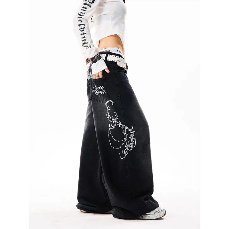 Women Vintage Embroidery Y2K Baggy Jeans Female High Waist 2000s Wide Leg Denim Pants American Retro Harajuku Trouser