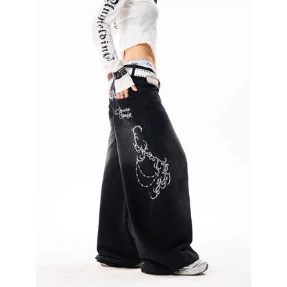 Women Vintage Embroidery Y2K Baggy Jeans Female High Waist 2000s Wide Leg Denim Pants American Retro Harajuku Trouser