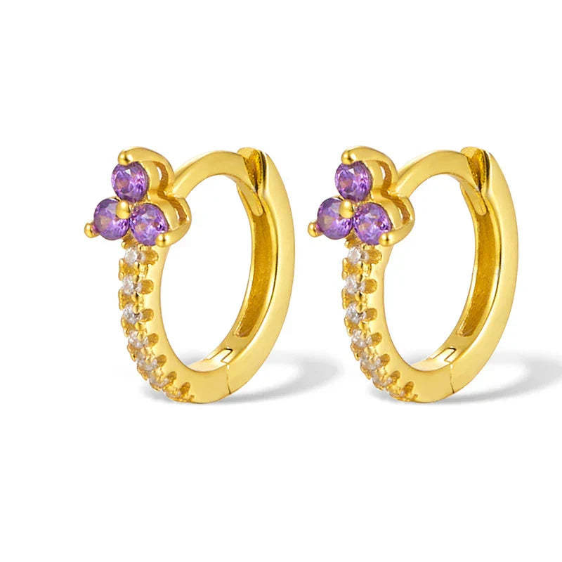 925 Sterling Silver Romantic Color Zircon Three-petal Flower Stud Earrings for Women Fashion Huggies Piercing Jewelry