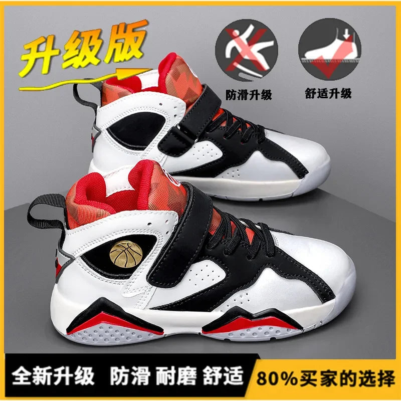 Children Summer High Top Basketball Shoes Boy Breathable Anti Slip Casual Sneakers Man Velcro Non Slip Rebound Kid Running Shoes