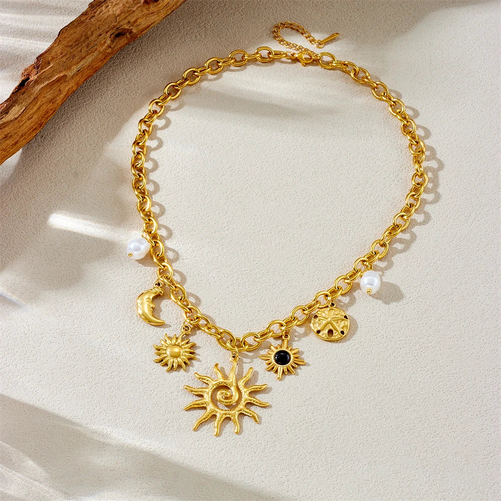 316L Stainless Steel Golden Trendy Starfish Moon Sun Shaped Pendant Necklace For Women Romantic Neck Chain Holiday Gift