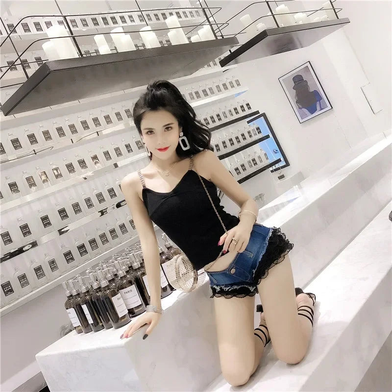 Pure Desire Sweet Spicy Girl Denim Shorts Lace Stitching Super Low Waist Sexy Hot Pants Slimming Women's Versatile Super Shorts