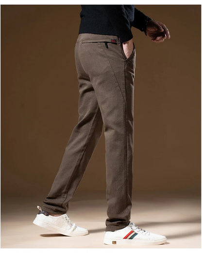 Korean Business Casual Fleece Men Pants Winter Thickened Straight Thermal Casual Pants Male Fashion Stretch Warm Velvet Trousers
