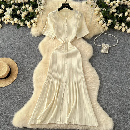Fashion Vintage Turn-down Collar Knit Maxi Dress Elegant Single-breasted A-line Long Shirt Dress Lady Vestidos
