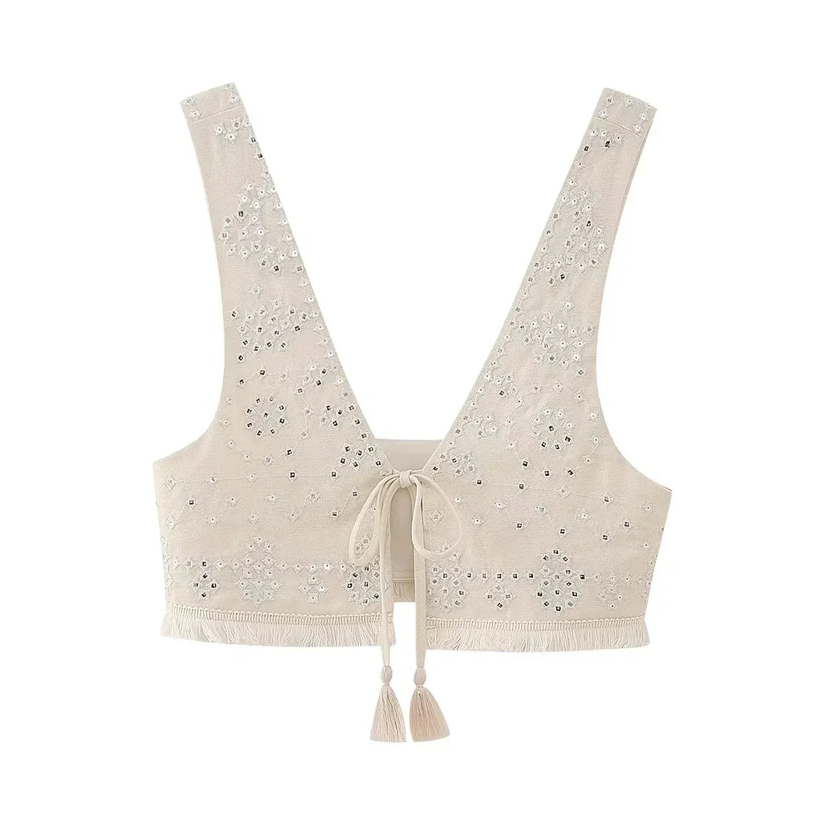 Y2K Embroidery Women Waistcoats Summer Lightweight V Neck Sleeveless Tassels Hem Slim Vest Female Crop Top