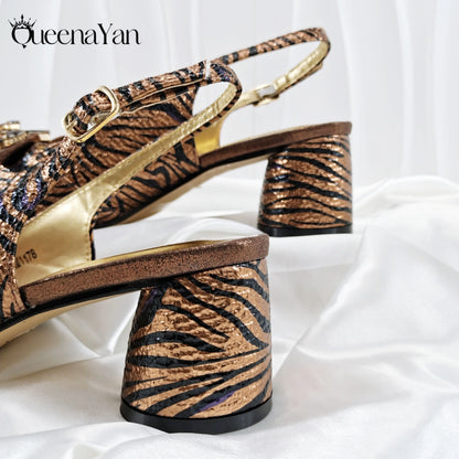 Women Elegant Gold High Heel Shoe and Matching Bag Set with Rhinestone Accents Stylish Peep Toe Design for Party
