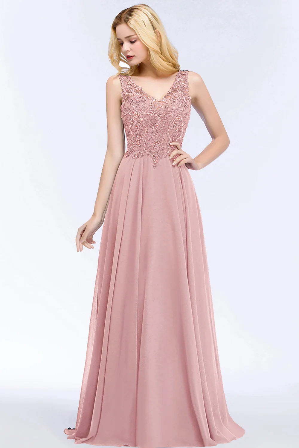BABYONLINE V-Neckline Lace Pearls Beadings Stones Bodice Prom Dress Sexy Open Back Chiffon A-line Skirt Formal Formal Ball Gown