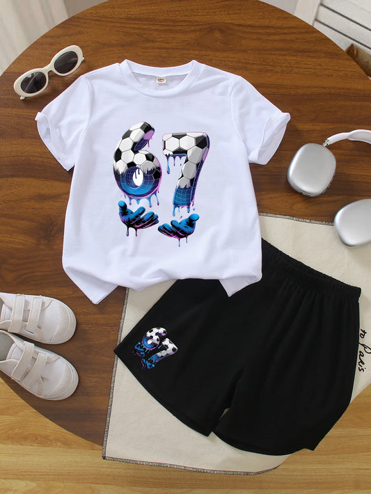 Kids 67 Soccer Print 2pcs Set Boys Girls Casual Short Sleeve T-Shirt & Shorts Summer Outfit Size 100-170 Birthday Gift
