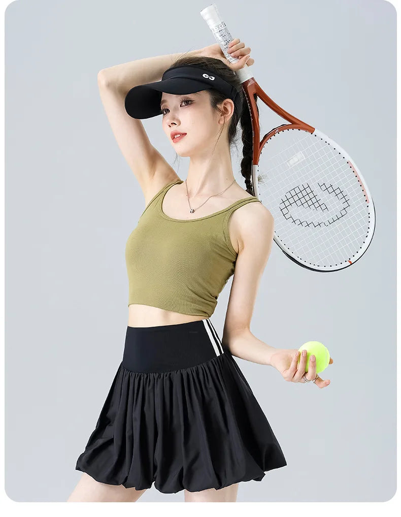 Women Summer Tennis Skirt High Waist Flared Flounce Skirt 2 in 1 with Shorts Anti-Exposure Athletic Pleated Golf Skirt Workout