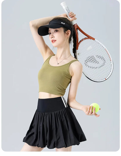 Women Summer Tennis Skirt High Waist Flared Flounce Skirt 2 in 1 with Shorts Anti-Exposure Athletic Pleated Golf Skirt Workout