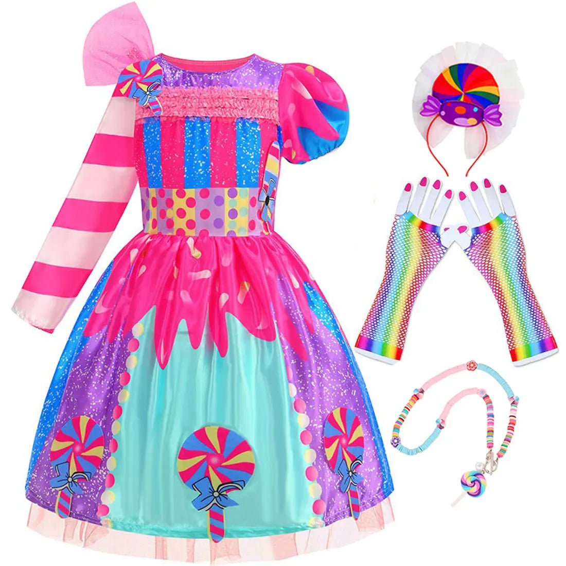 Girls Candy Fairy Lollipop Cosplay Costume Toddler Carnival Purim Rainbow Vestidos Girls Birthday Party Long Short Sleeves Dress