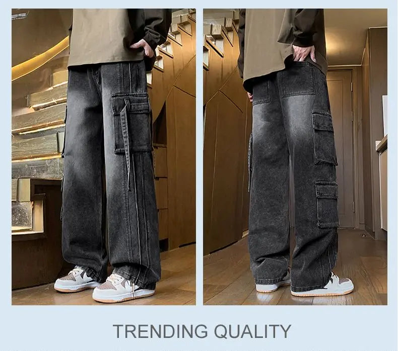 2025 Autumn New Men's Loose Jeans Multi-pocket Work-wearing Jeans Street Hip-hop Straight Wide-leg Pants Baggy Dance Pants