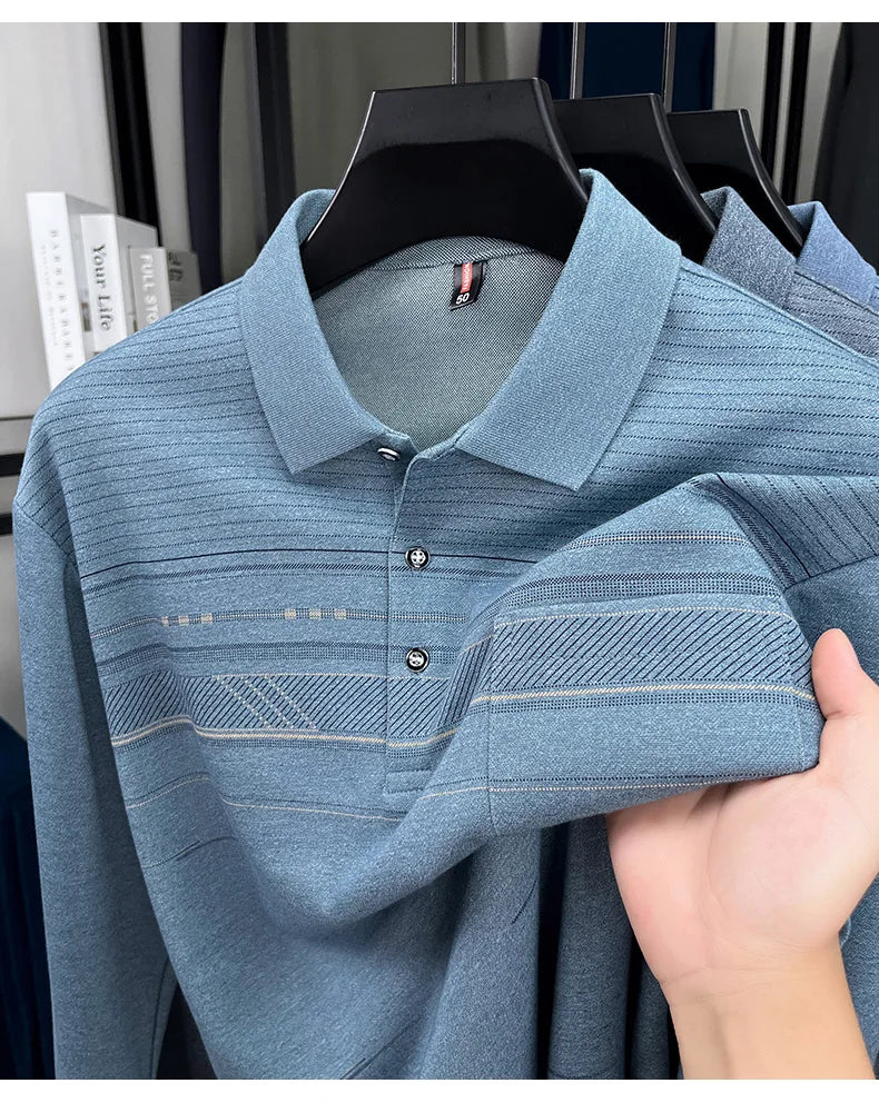 High quality striped printed long sleeve polo shirt men's fashion light luxury pocket autumn new business casual lapel T-shirt