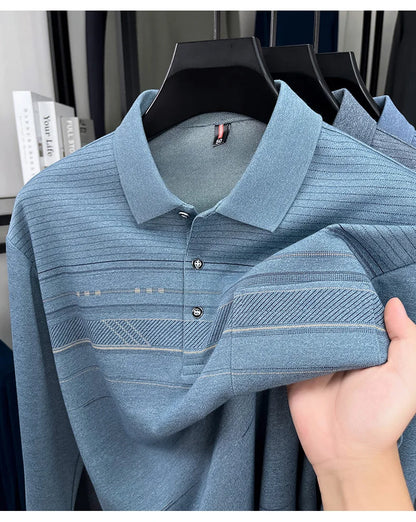 High quality striped printed long sleeve polo shirt men's fashion light luxury pocket autumn new business casual lapel T-shirt