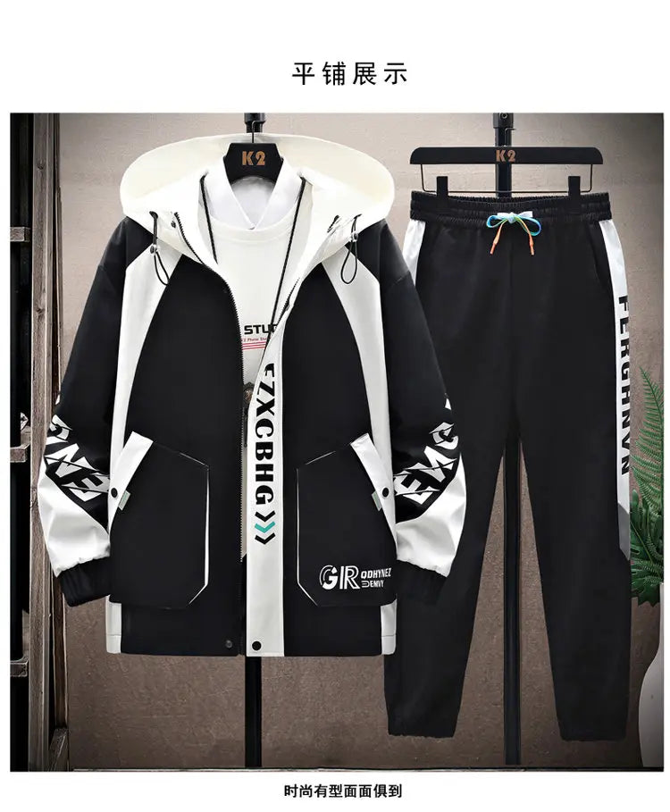 Spring Autumn Casual Men Sets Jacket + Pants Two Pieces Fashion Korean Trend Hooded Baseball Uniform Suit Man Outfit