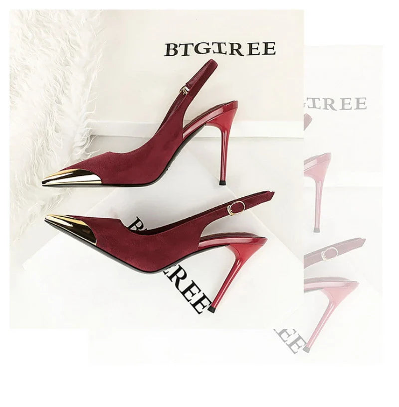 European American Style Metal Pointed High Heels Slim Heels Super High Heels Light Mouth Back Tripping And Banquet Single Shoes