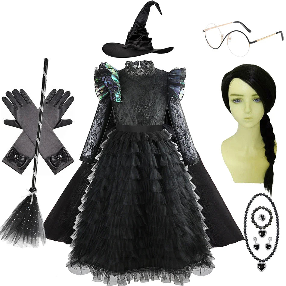 Halloween Witch Elphaba Costume Kids Purim Fantasy Outfits Girls Fancy Sets Children Long Sleeve Lace Ruffles Black Party Gown