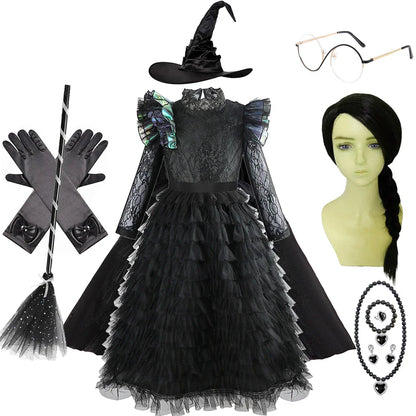 Halloween Witch Elphaba Costume Kids Purim Fantasy Outfits Girls Fancy Sets Children Long Sleeve Lace Ruffles Black Party Gown