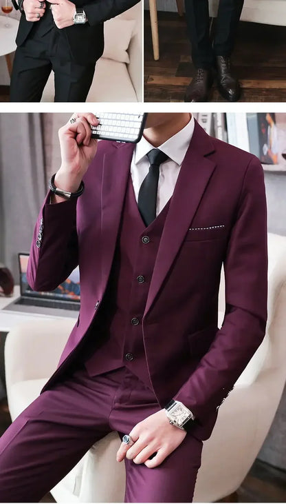 Suit (Blazer+ Vest + Pants) Men's Fashion Casual Outdoor Gentleman Business Wedding Formal Dress British Style Wedding Suit