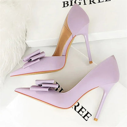 2024 Women 10.5cm High Heels Sweet Korean Side Hollow Pumps Lady Party Purple Green Kawaii Bowknot Heels Prom Silk Satin Shoes