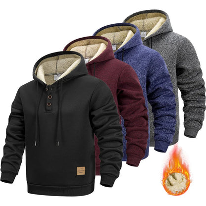 Men's Half Button Hoodie Thicken Winter Hooded Sweatshirts Retro Warm Fleece Knit Sweater Outdoor Running Sports Casual Pullover