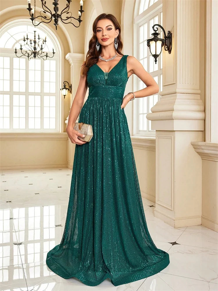 Women Luxury V-Neck Sleeveless Green Formal Evening Dresses Sequins 2025 Wedding Party Prom Maxi Cocktail Dress Vestido