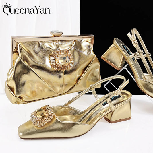 Shiny Gold Shoes and Bags Elegant Handbags and Mid Heels Beautiful Handmade Metal Decoration Wedding Party