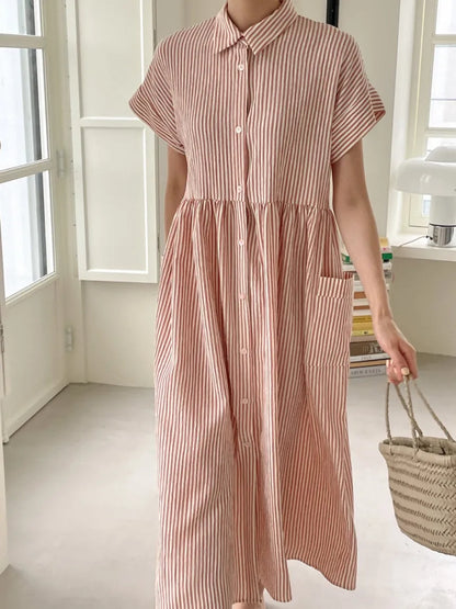 Summer Vintage Striped Single Breasted Women's Shirt Dresses 2024 New Korean Casual Straight Dress Pockets Female
