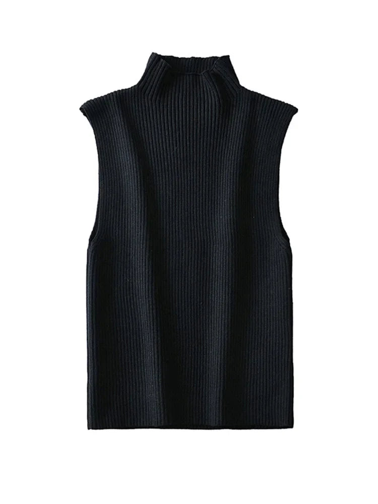 Women Fashion Fitted Basic Ribbed Knit Tank Tops Vintage High Neck Sleeveless Female Camis Chic Vest Top Mujer